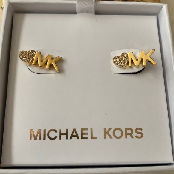 MICHAEL KORS Pave Heart Logo Stud Earrings in Gold - Picture 2 of 2